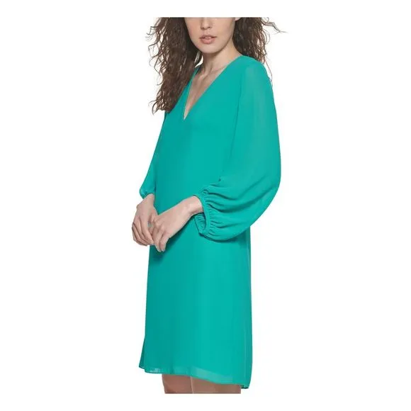 ELIZA J Womens Teal Shirred Chiffon Blouson Sleeve Above The Knee Shift Dress 2