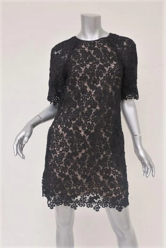 Erdem Dress Aliya Black Floral Lace Size US 4 Short Sleeve Mini Shift