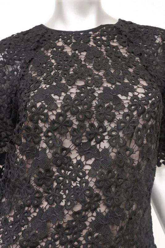 Erdem Dress Aliya Black Floral Lace Size US 4 Short Sleeve Mini Shift