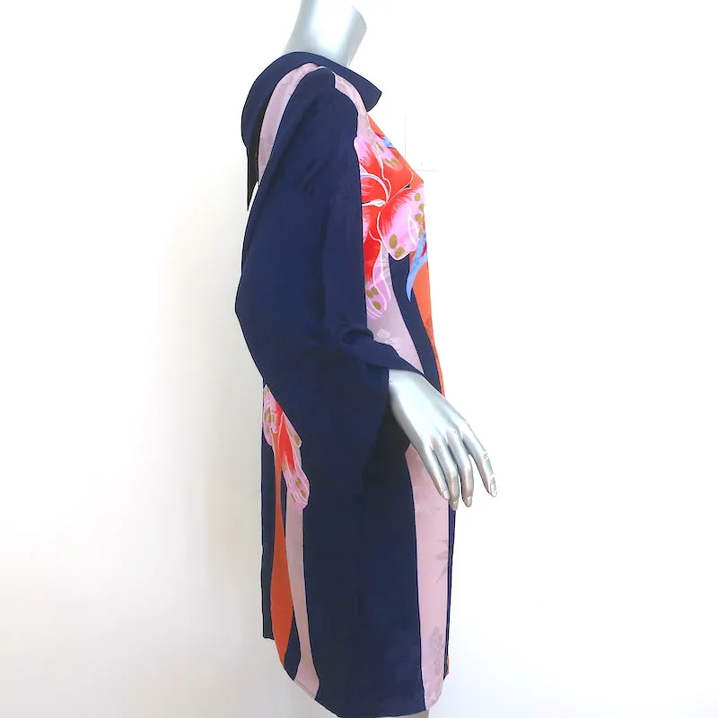 Etro Dress Navy Floral Print Satin Jacquard Size 42 V-Back Shift