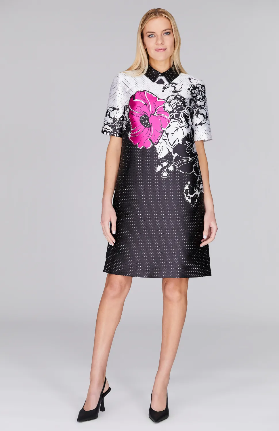 Floral Polka Dot Short Sleeve Collared Shift Dress