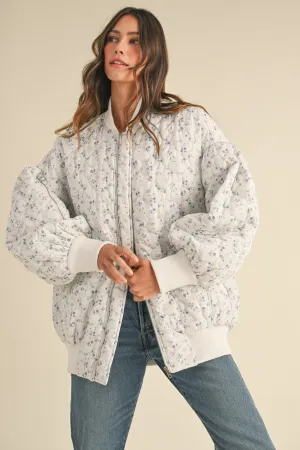 FLORAL PRINT QUILTED OVERSIZED BOMBER JACKET