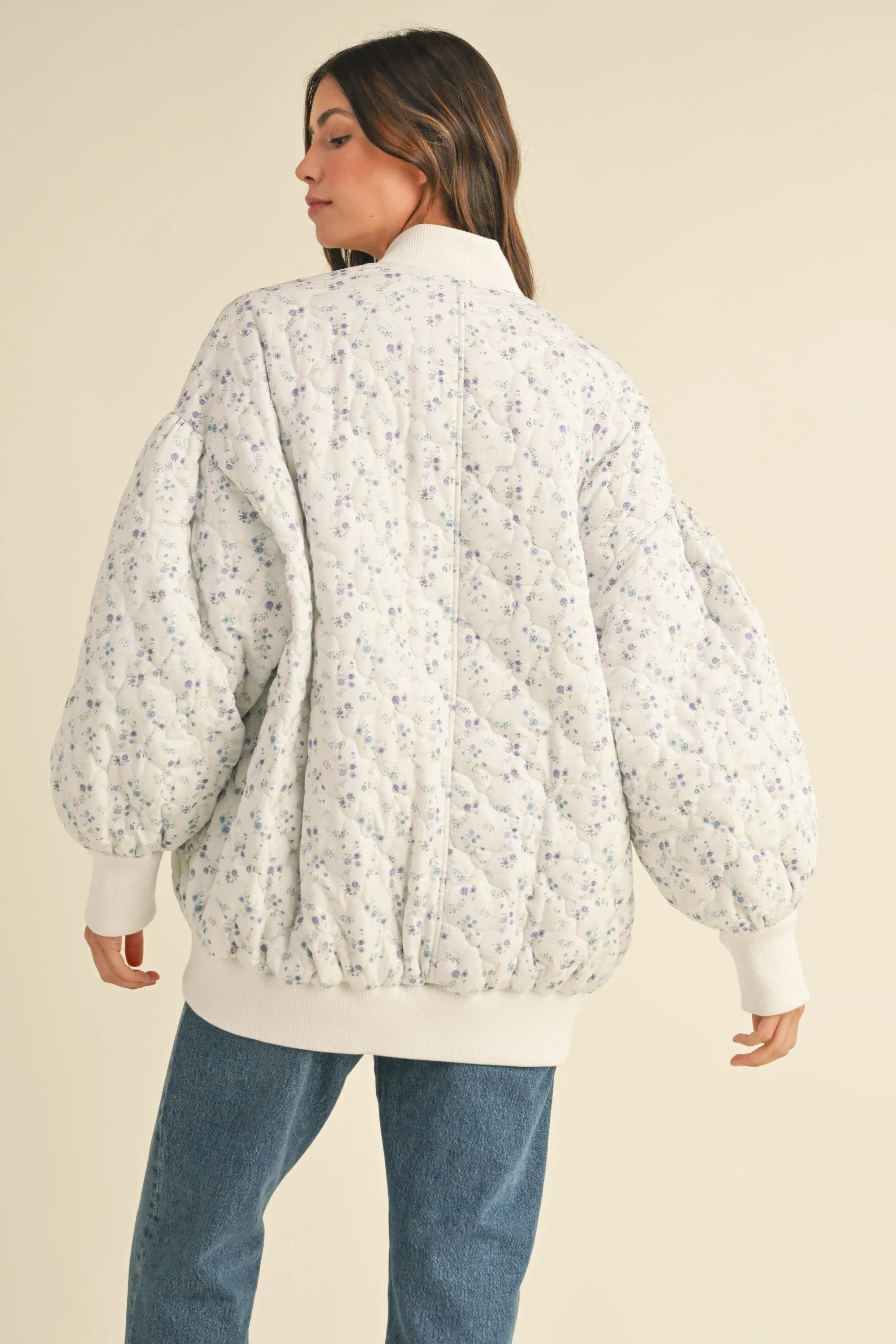 FLORAL PRINT QUILTED OVERSIZED BOMBER JACKET