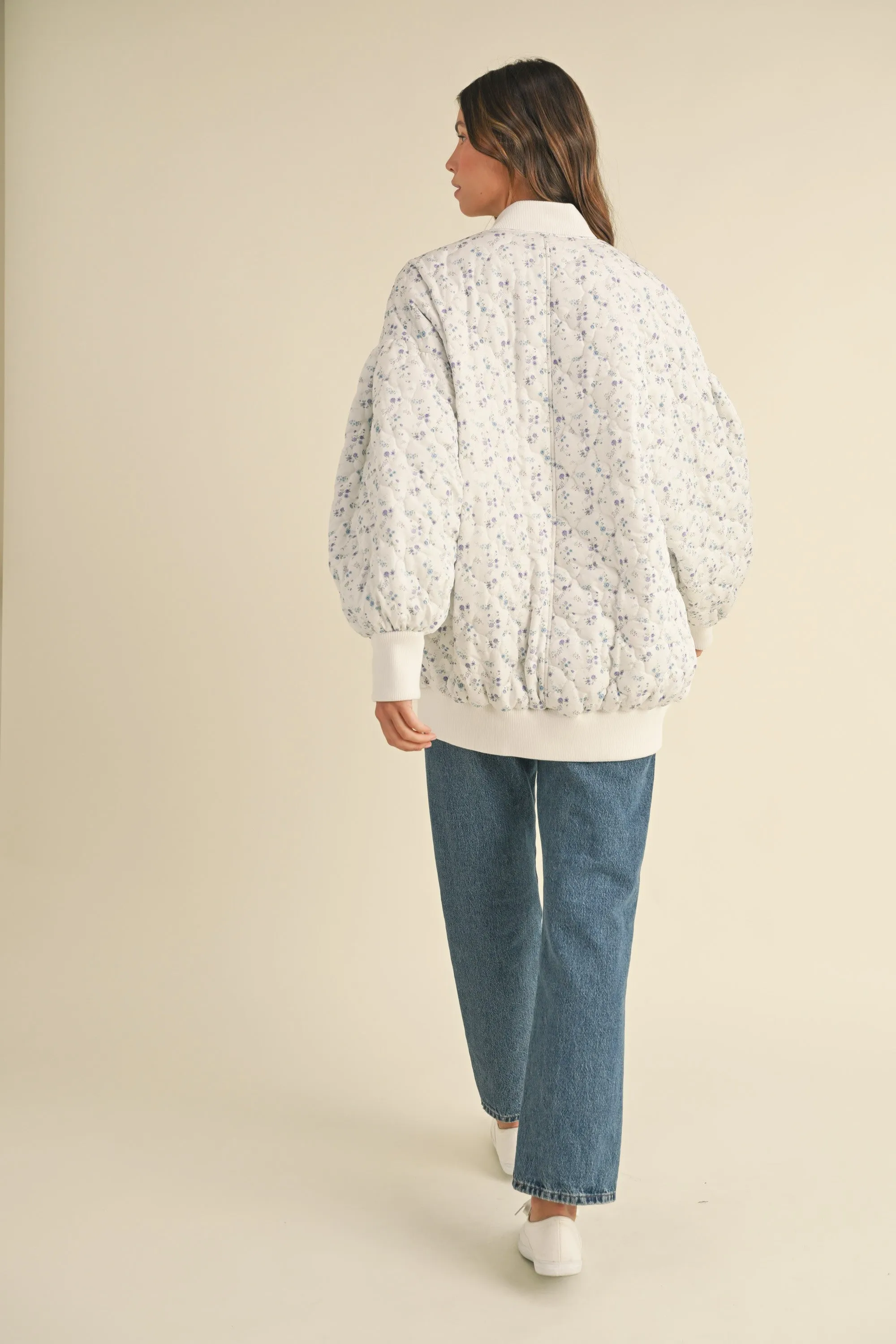 FLORAL PRINT QUILTED OVERSIZED BOMBER JACKET