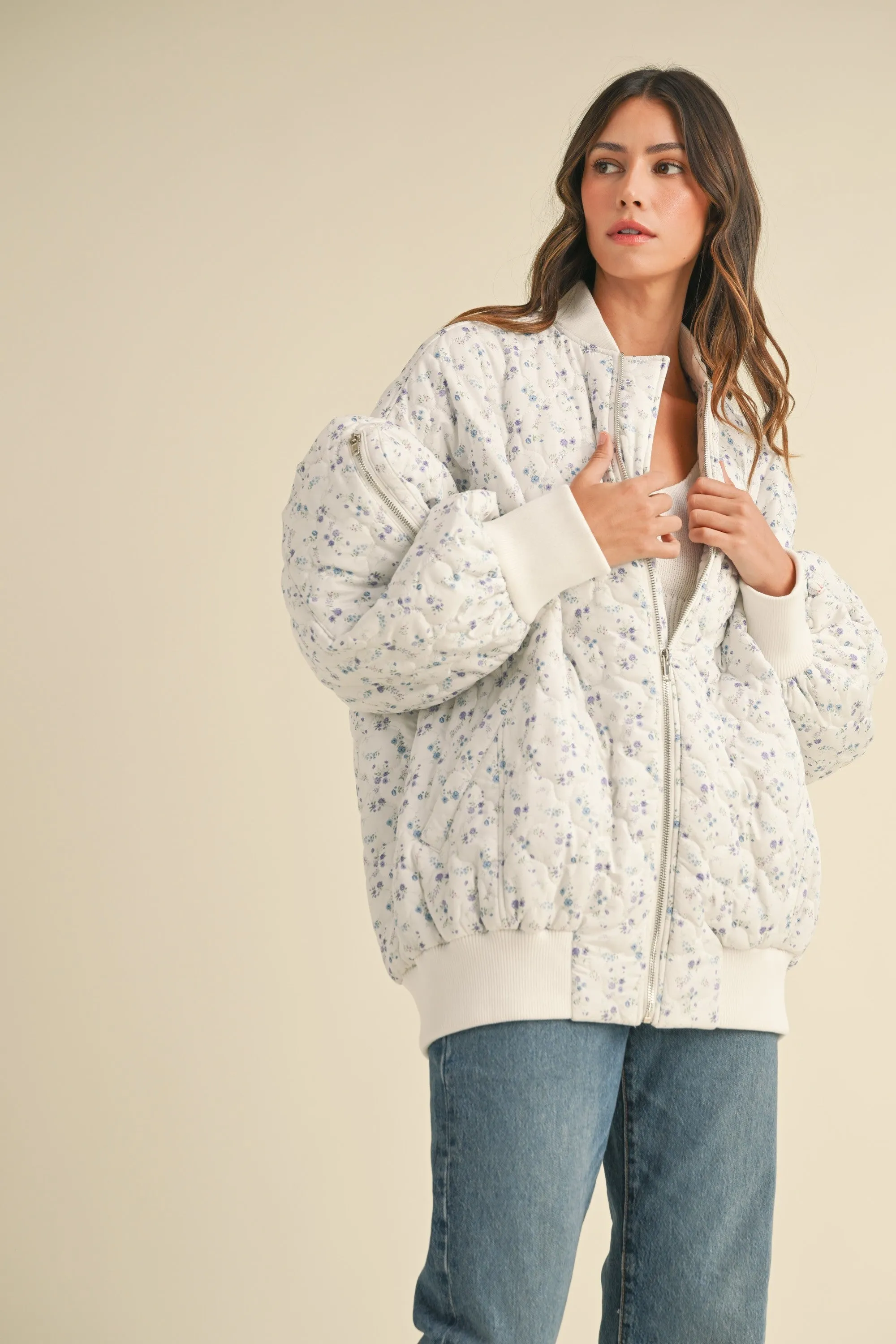 FLORAL PRINT QUILTED OVERSIZED BOMBER JACKET