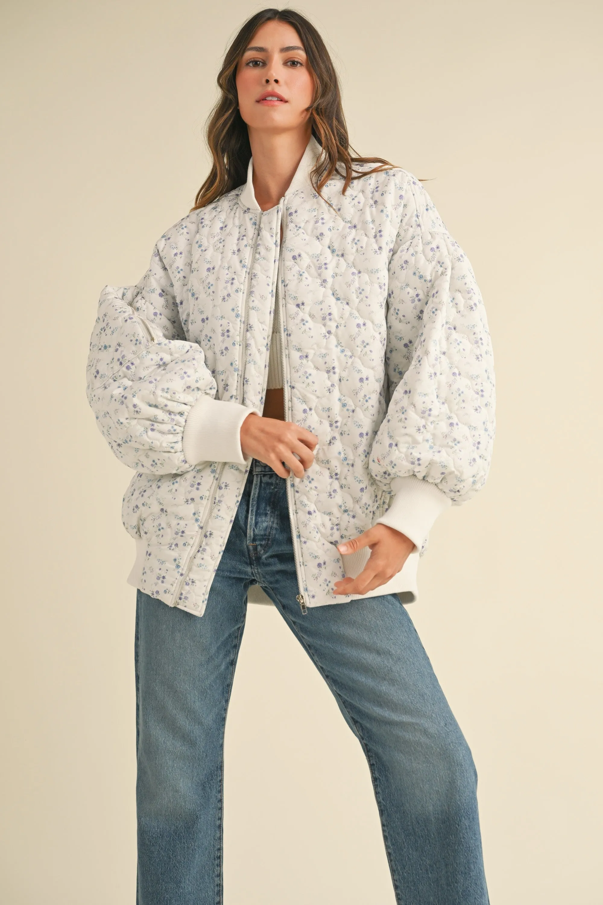 FLORAL PRINT QUILTED OVERSIZED BOMBER JACKET