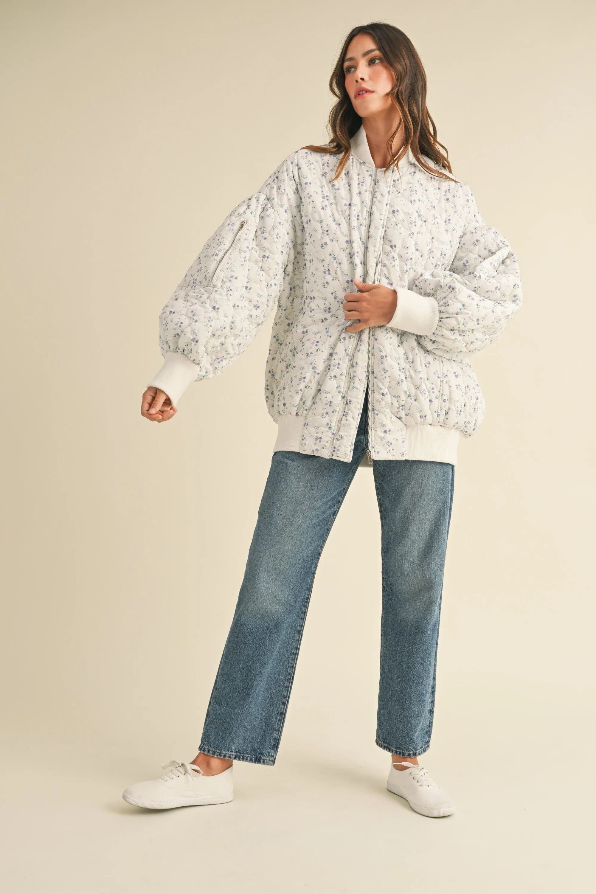 FLORAL PRINT QUILTED OVERSIZED BOMBER JACKET