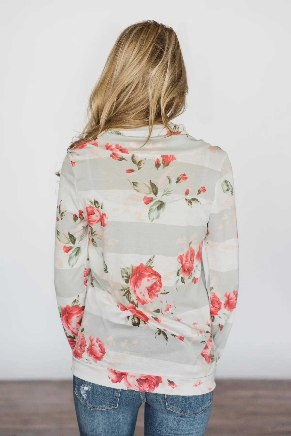 Flowers & You ~ Grey Striped & Floral Cowl Neck Top