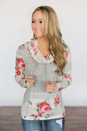 Flowers & You ~ Grey Striped & Floral Cowl Neck Top
