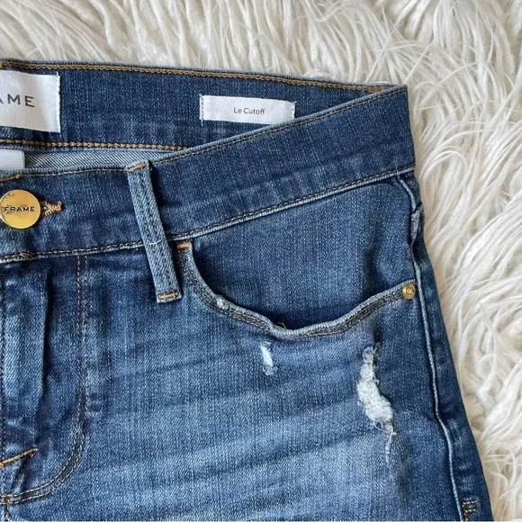 FRAME Denim Le Cut Off Azure Blue Raw Hem Mid Rise Jean Shorts LC779 EUC Size 25