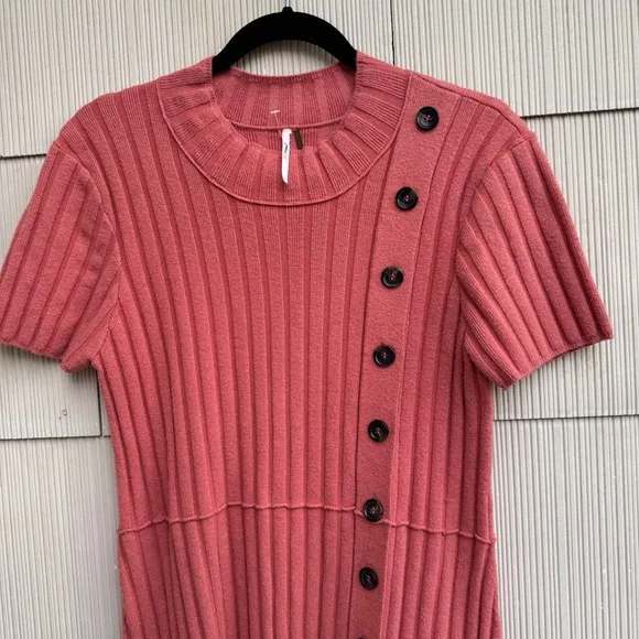 Free People Womens Lottie Rib Knit Sweater Dress, Salmon Pink Size Large