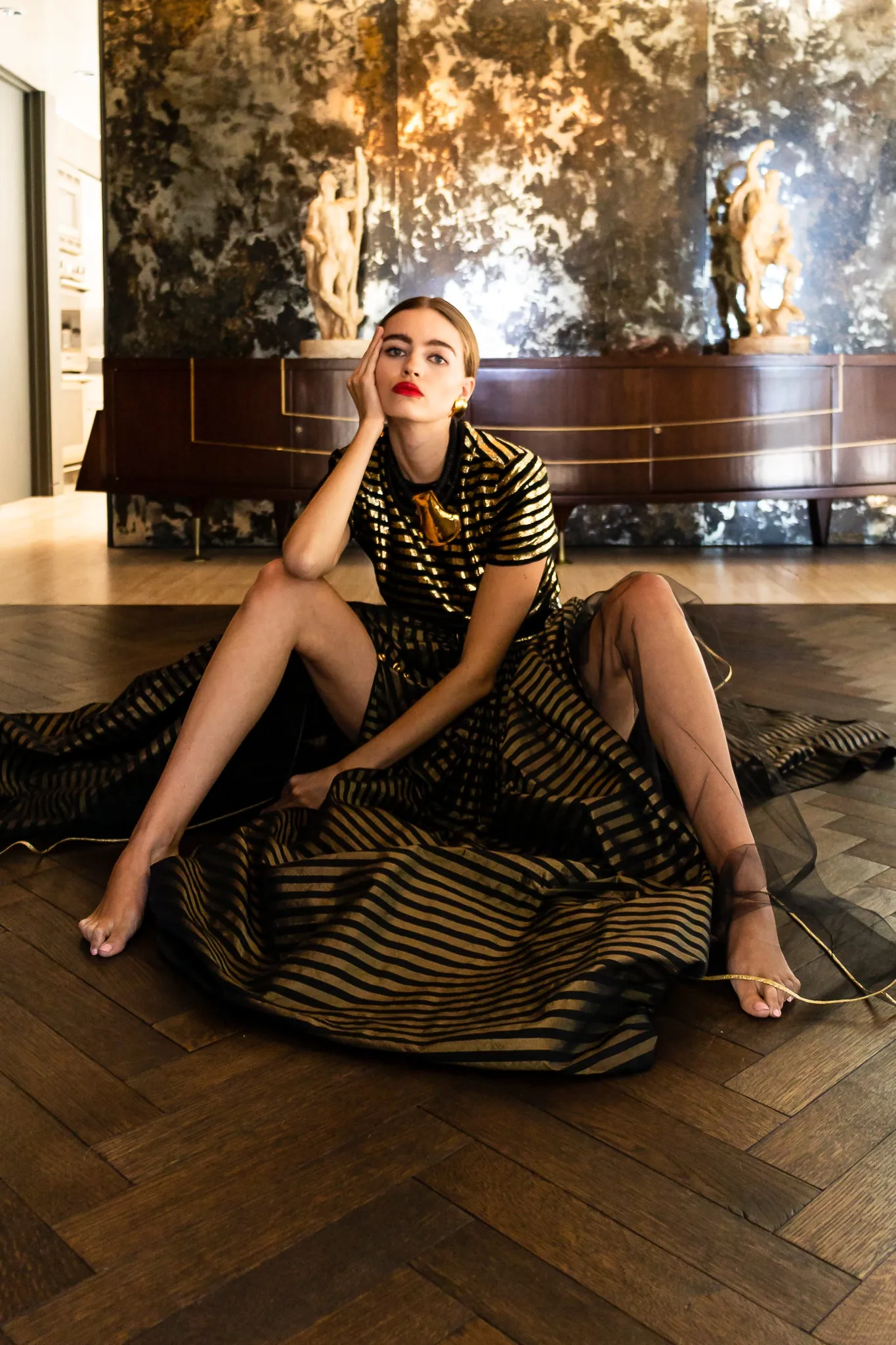 Gold Striped Panel Gown With Shorts