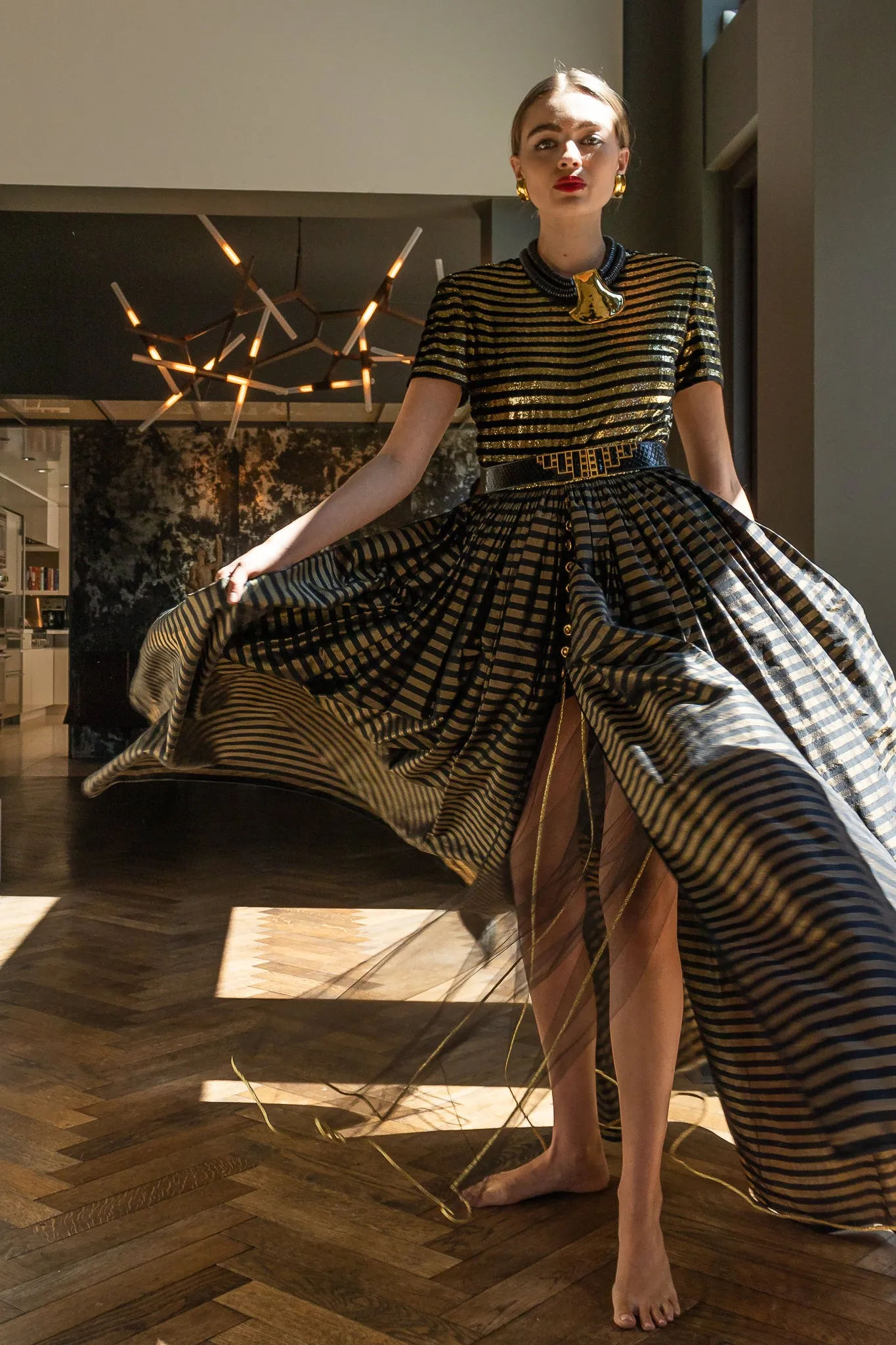 Gold Striped Panel Gown With Shorts