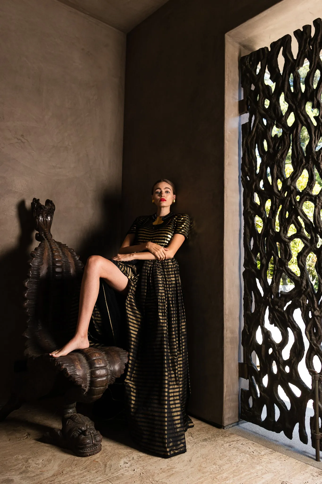 Gold Striped Panel Gown With Shorts