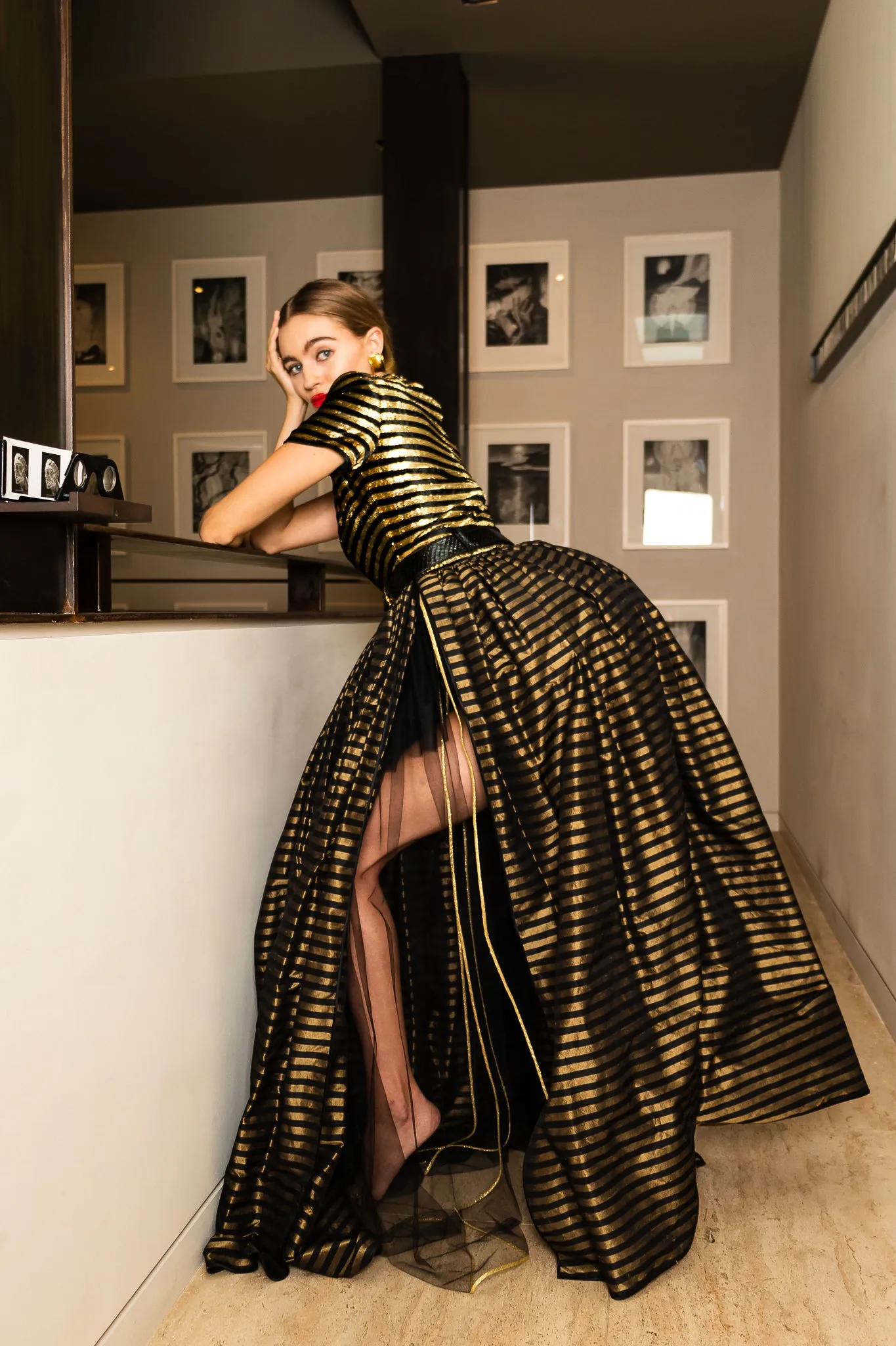 Gold Striped Panel Gown With Shorts