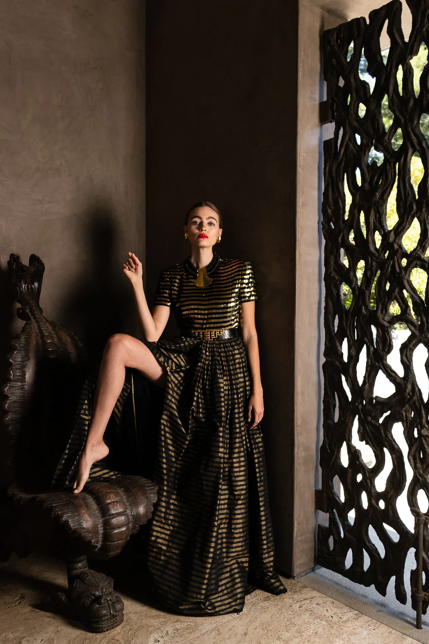 Gold Striped Panel Gown With Shorts