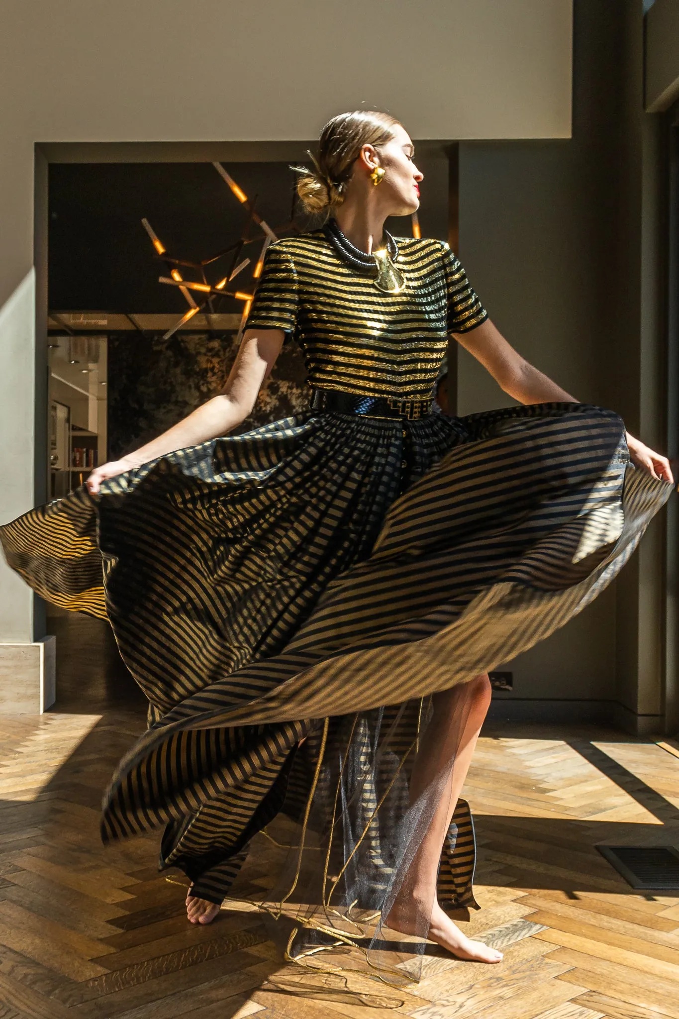 Gold Striped Panel Gown With Shorts
