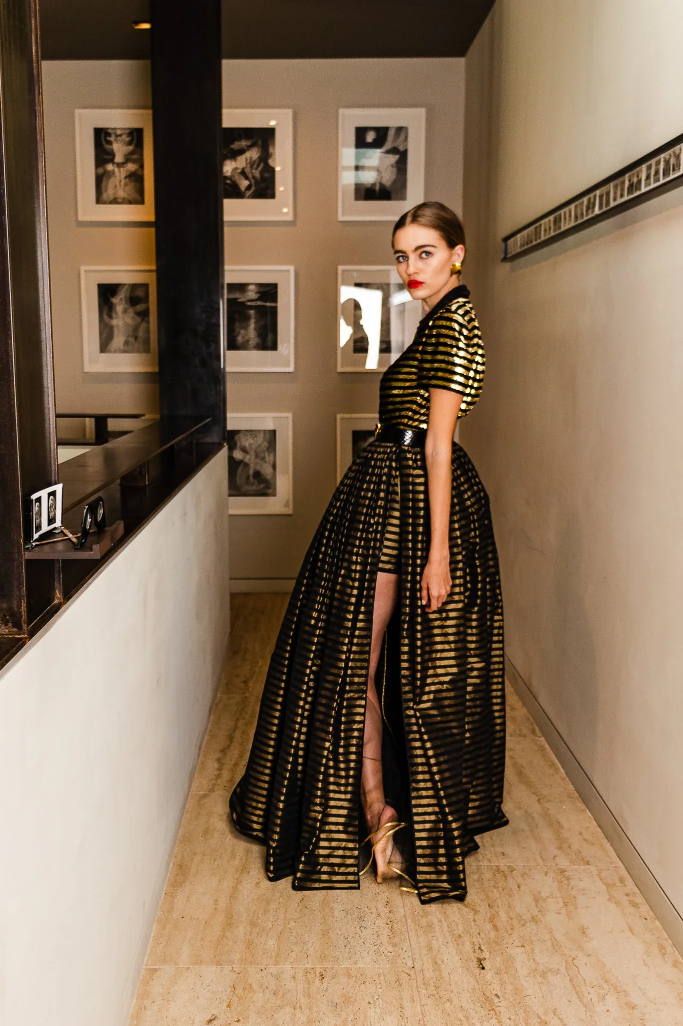 Gold Striped Panel Gown With Shorts