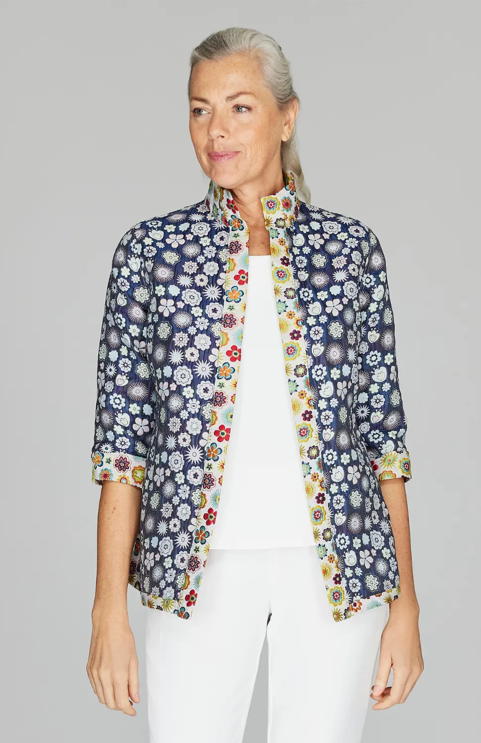 Graphic Flora Reversible High Neck Shirt Jacket