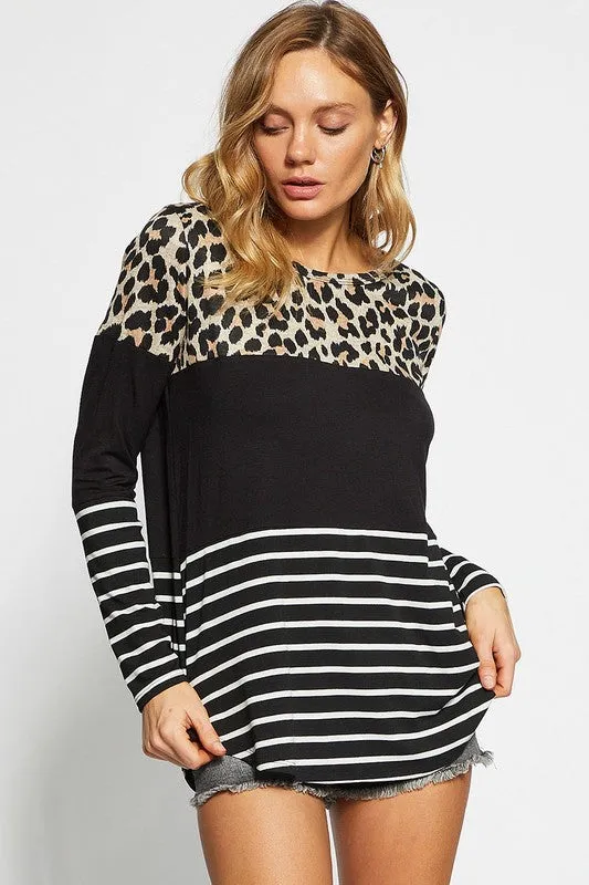 Hazel Blues® |  BiBi Leopard Striped Round Neck Long Sleeve T-Shirt
