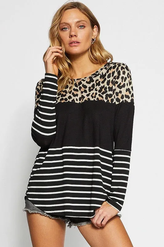 Hazel Blues® |  BiBi Leopard Striped Round Neck Long Sleeve T-Shirt