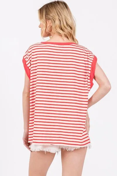Hazel Blues® |  Ces Femme Side Slit Striped Cap Sleeve T-Shirt