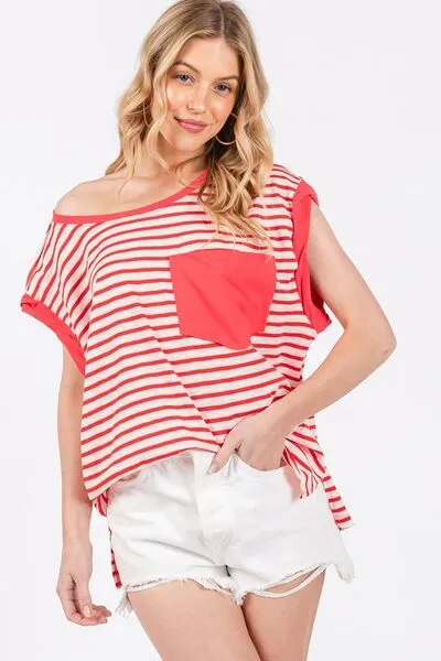 Hazel Blues® |  Ces Femme Side Slit Striped Cap Sleeve T-Shirt