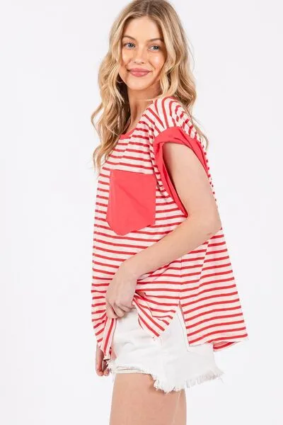 Hazel Blues® |  Ces Femme Side Slit Striped Cap Sleeve T-Shirt