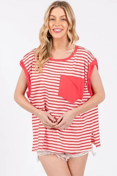 Hazel Blues® |  Ces Femme Side Slit Striped Cap Sleeve T-Shirt