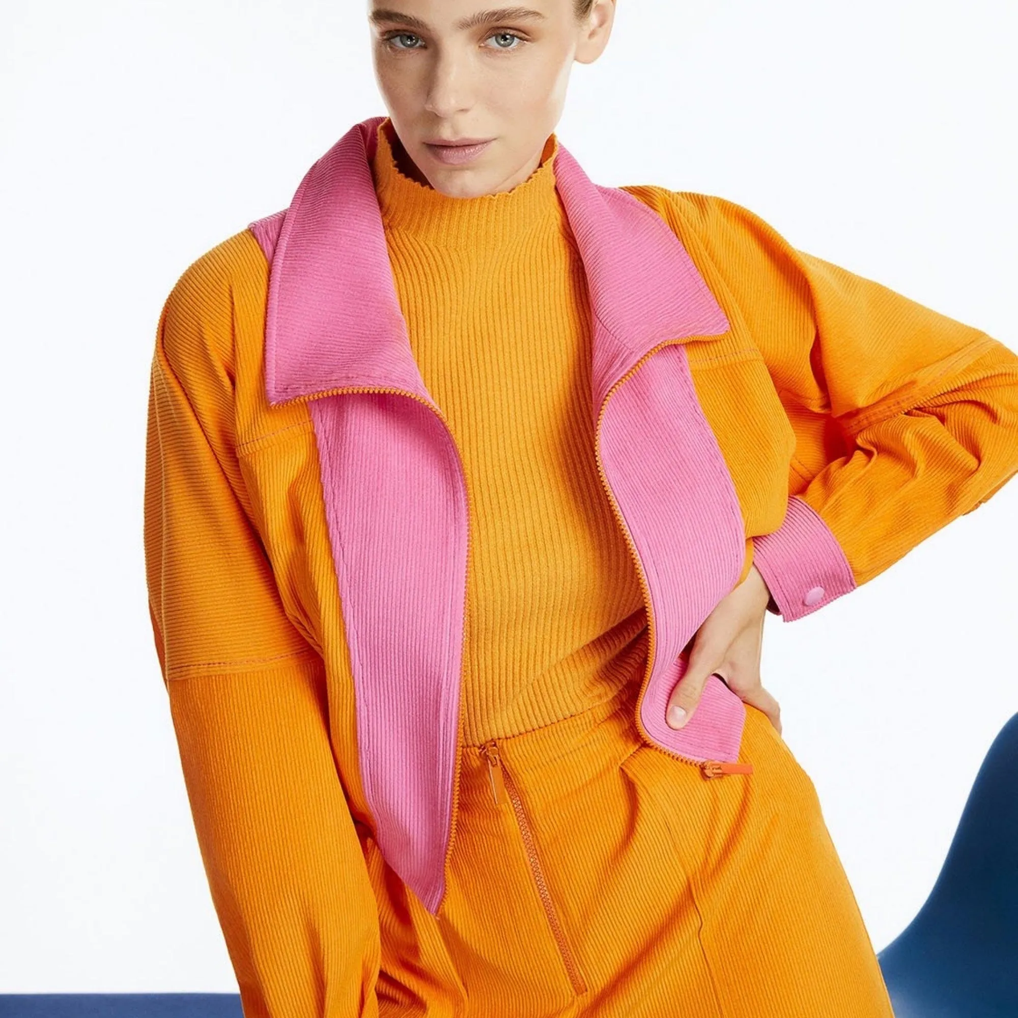 High Collar Orange Bomber Jacket for Women