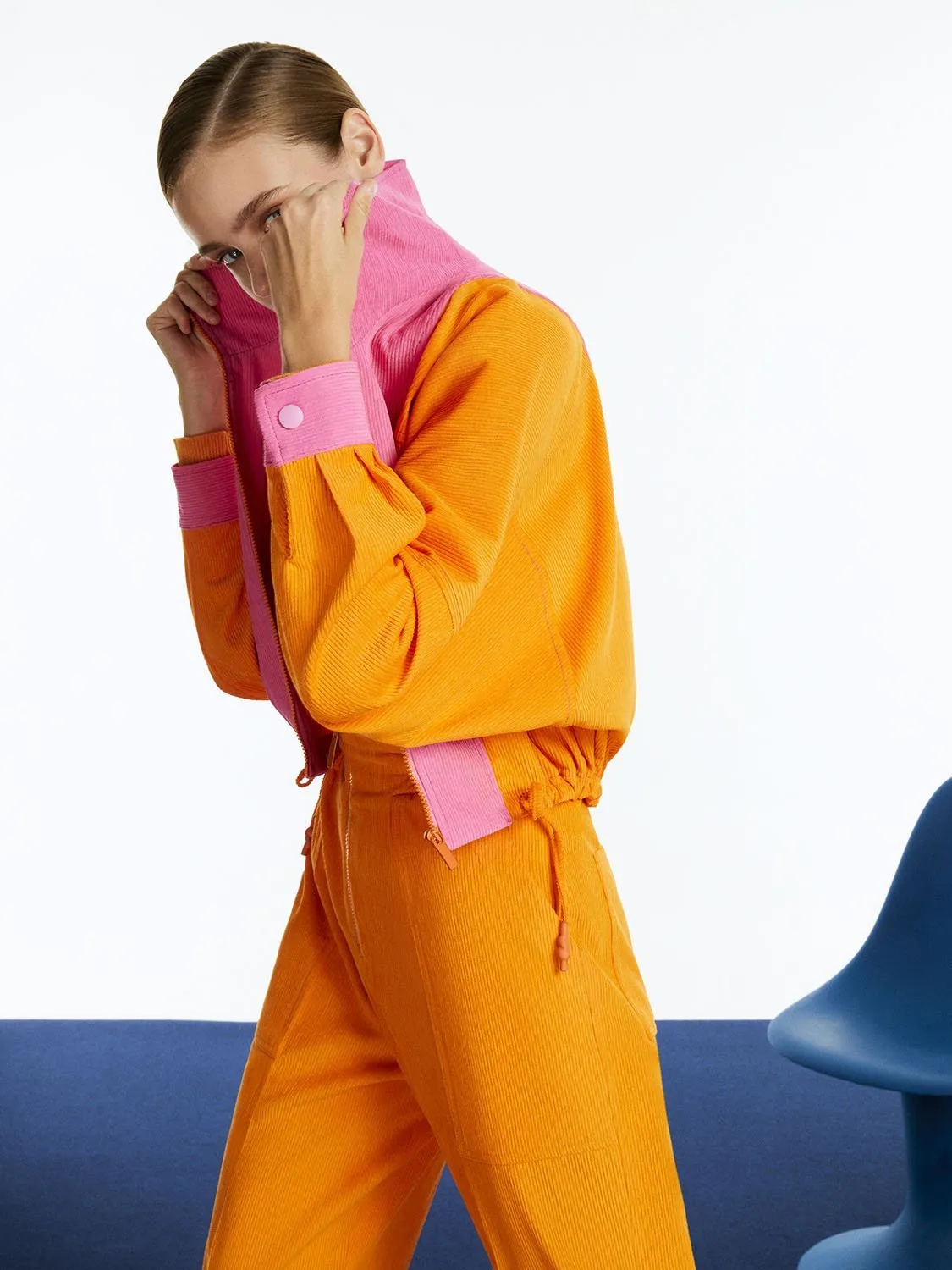 High Collar Orange Bomber Jacket for Women