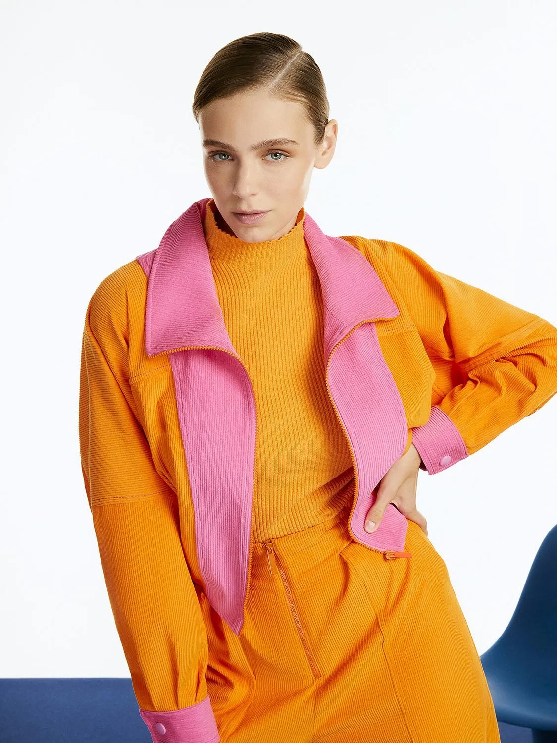High Collar Orange Bomber Jacket for Women