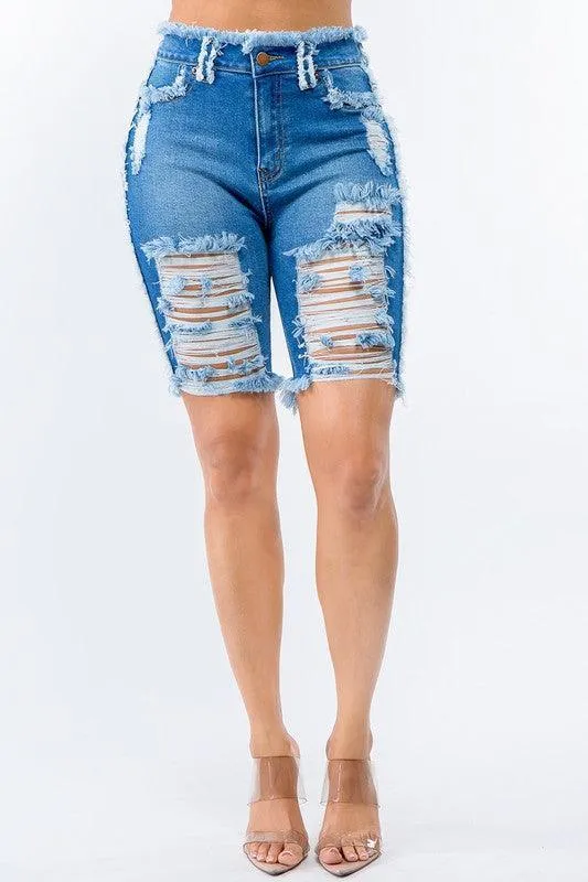 HIGH WAIST FRAYED EDGE DENIM SHORTS