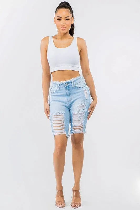 HIGH WAIST FRAYED EDGE DENIM SHORTS