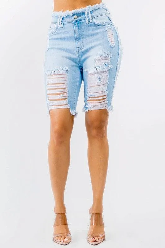HIGH WAIST FRAYED EDGE DENIM SHORTS