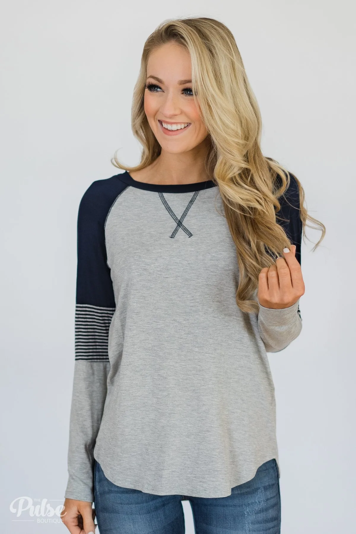 Hold on Tight Striped Sleeve Top- Heather Grey & Navy