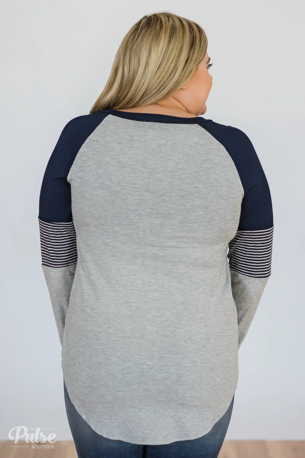 Hold on Tight Striped Sleeve Top- Heather Grey & Navy