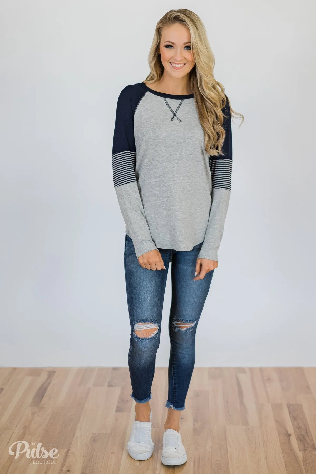 Hold on Tight Striped Sleeve Top- Heather Grey & Navy
