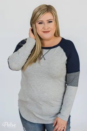 Hold on Tight Striped Sleeve Top- Heather Grey & Navy