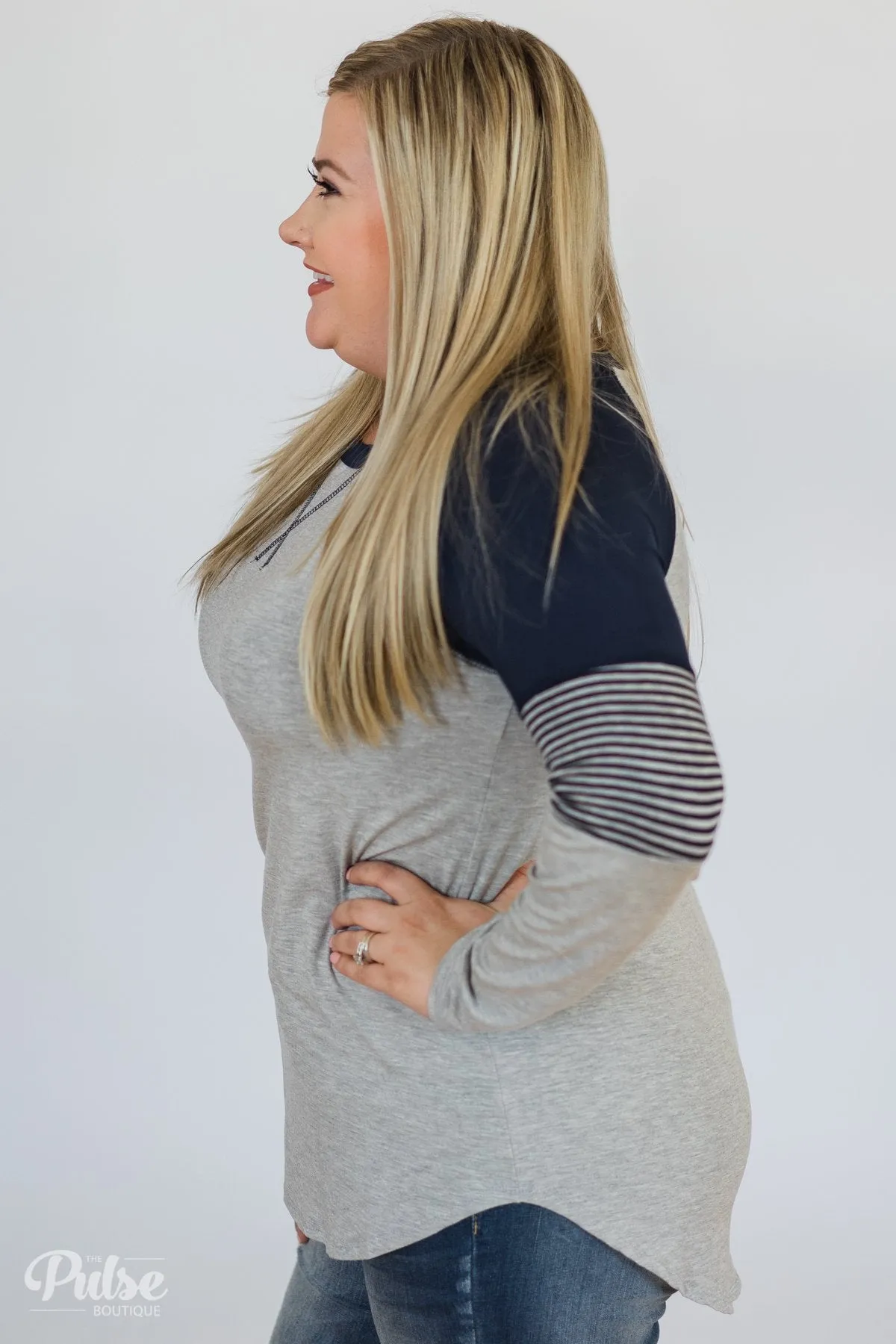 Hold on Tight Striped Sleeve Top- Heather Grey & Navy