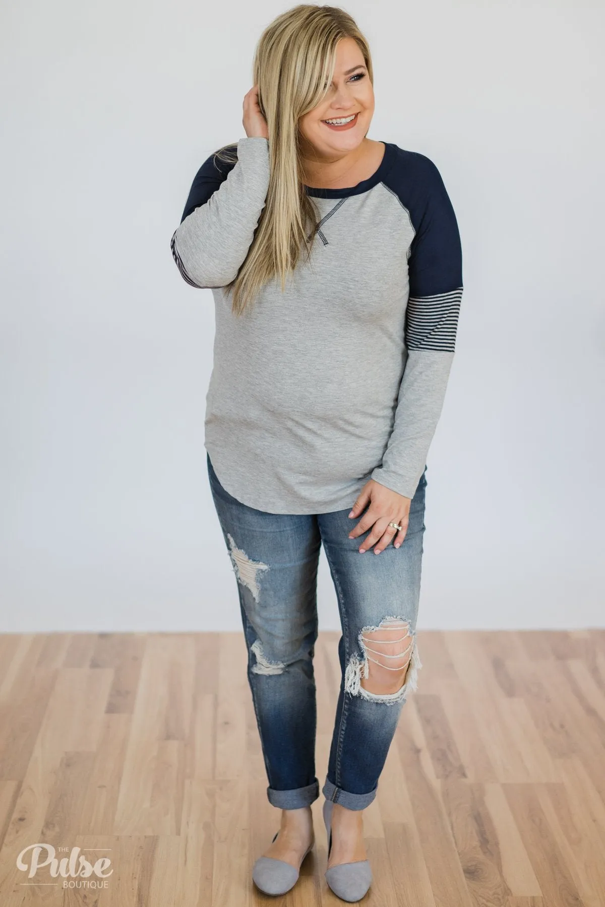 Hold on Tight Striped Sleeve Top- Heather Grey & Navy