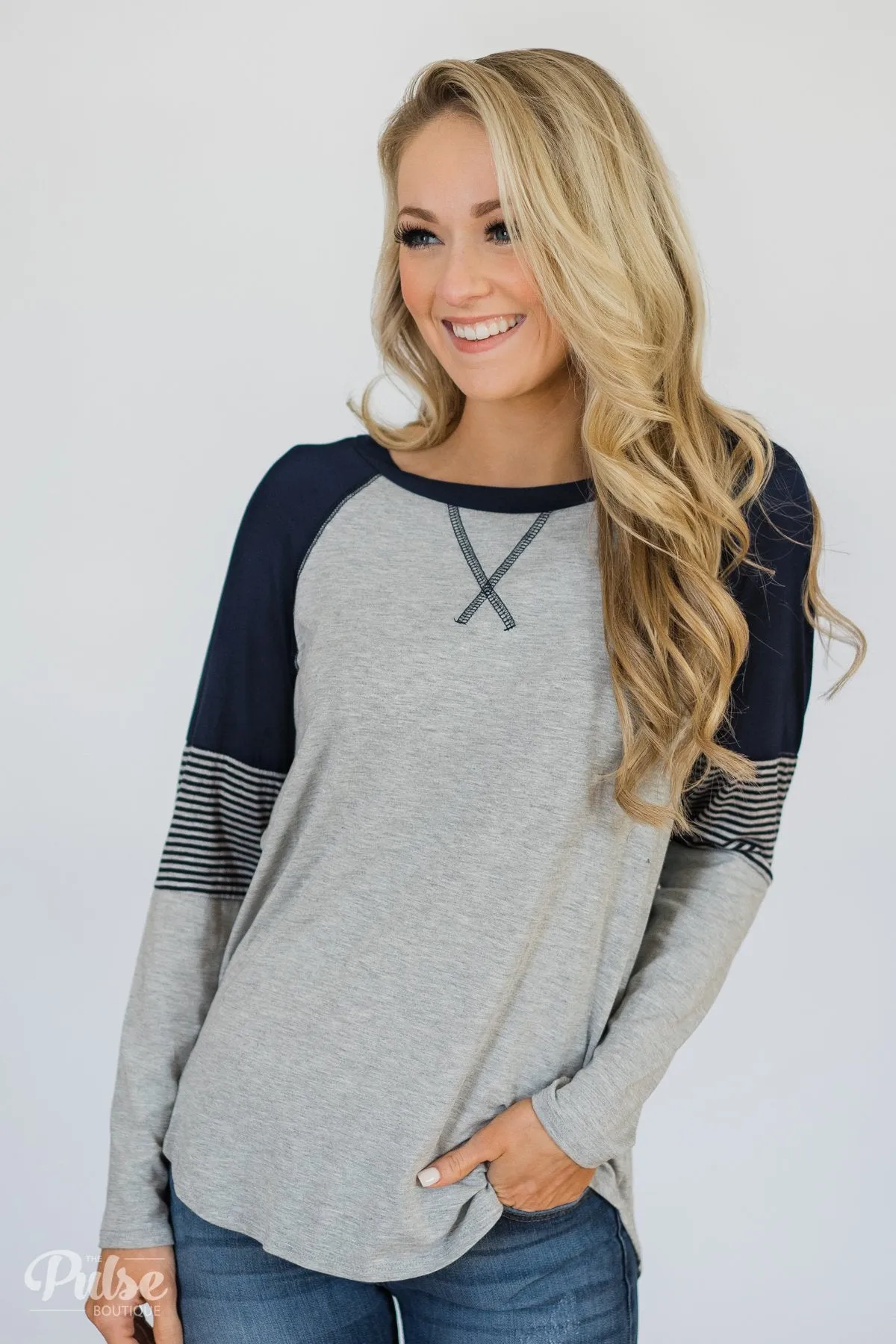 Hold on Tight Striped Sleeve Top- Heather Grey & Navy