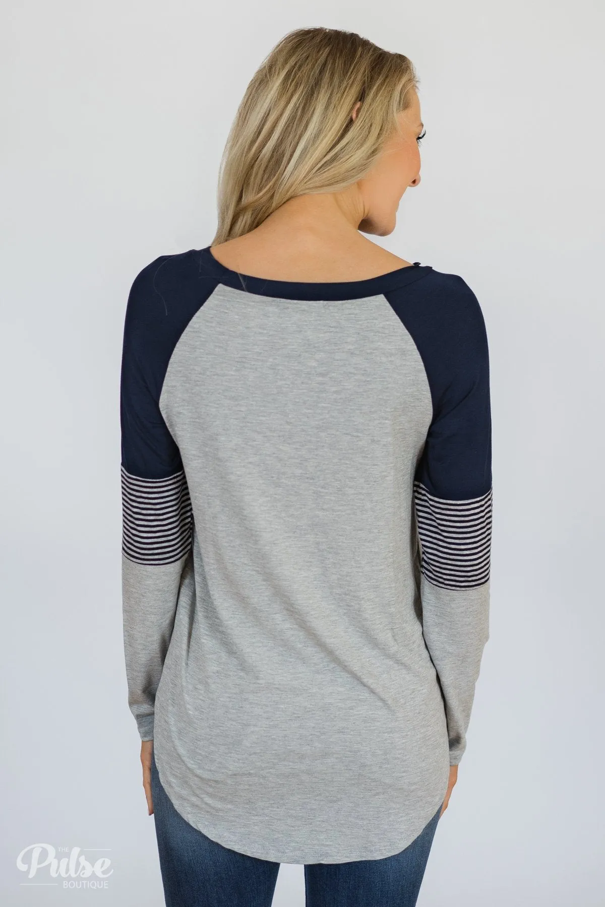 Hold on Tight Striped Sleeve Top- Heather Grey & Navy