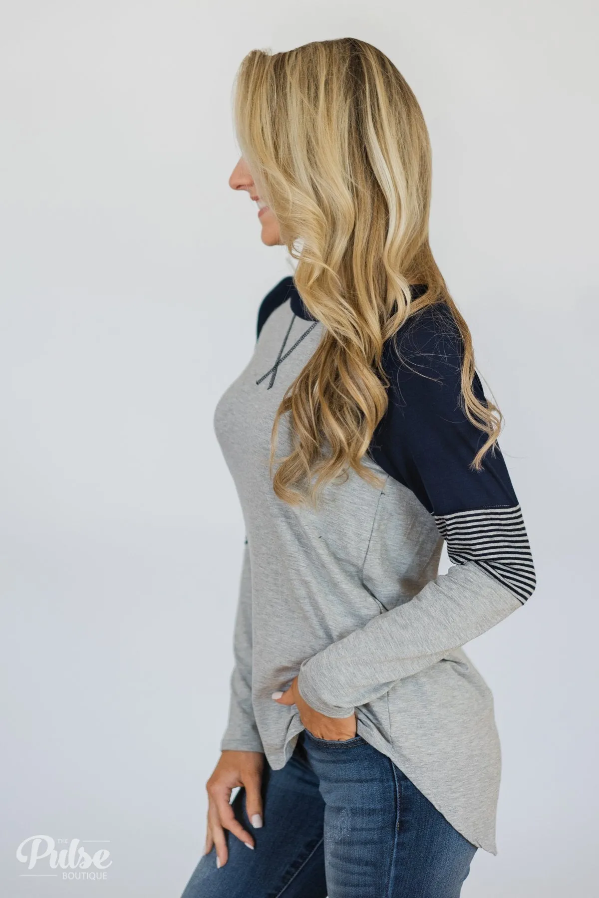 Hold on Tight Striped Sleeve Top- Heather Grey & Navy
