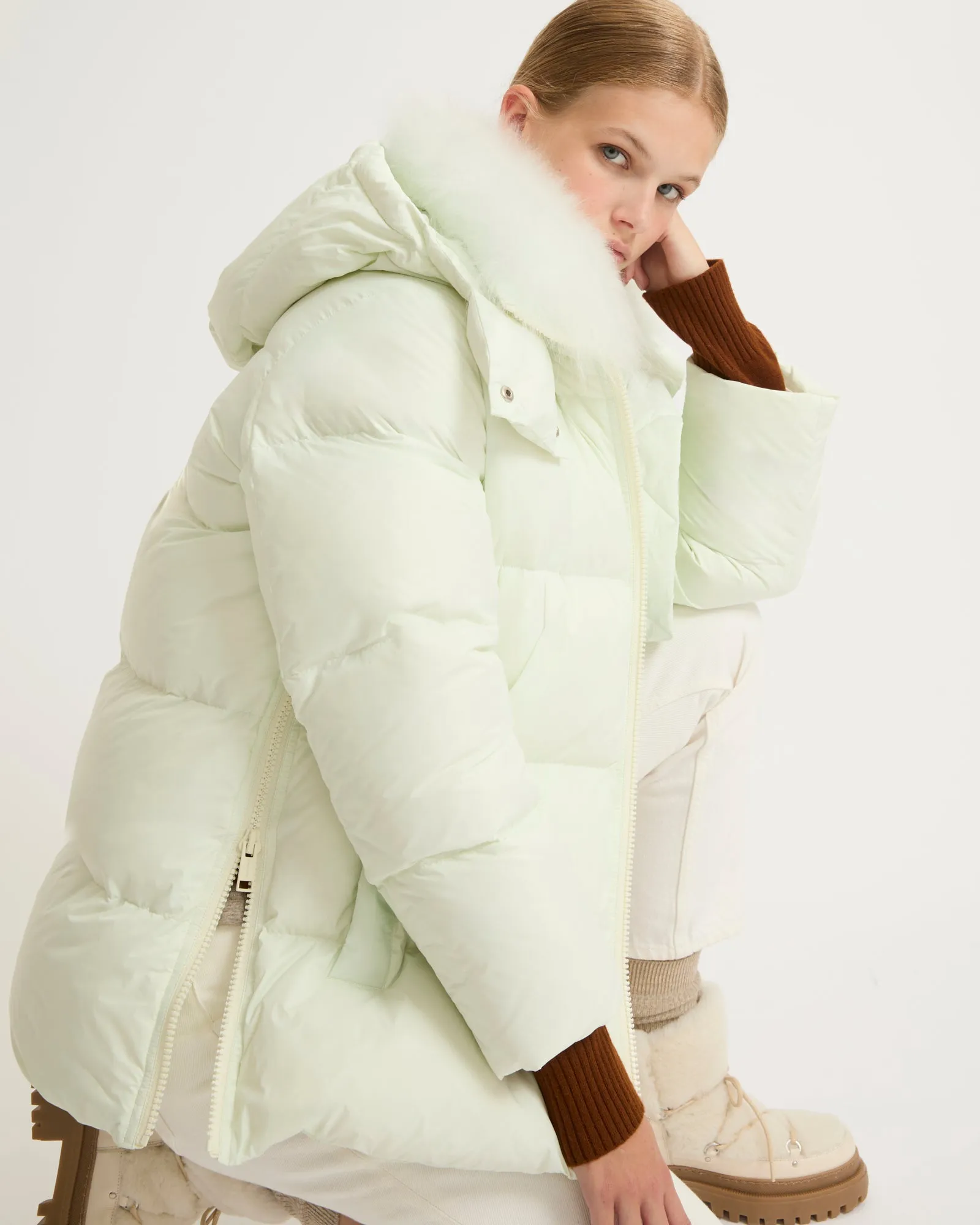 Iconic "A" line down jacket with lambswool collar