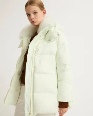 Iconic "A" line down jacket with lambswool collar