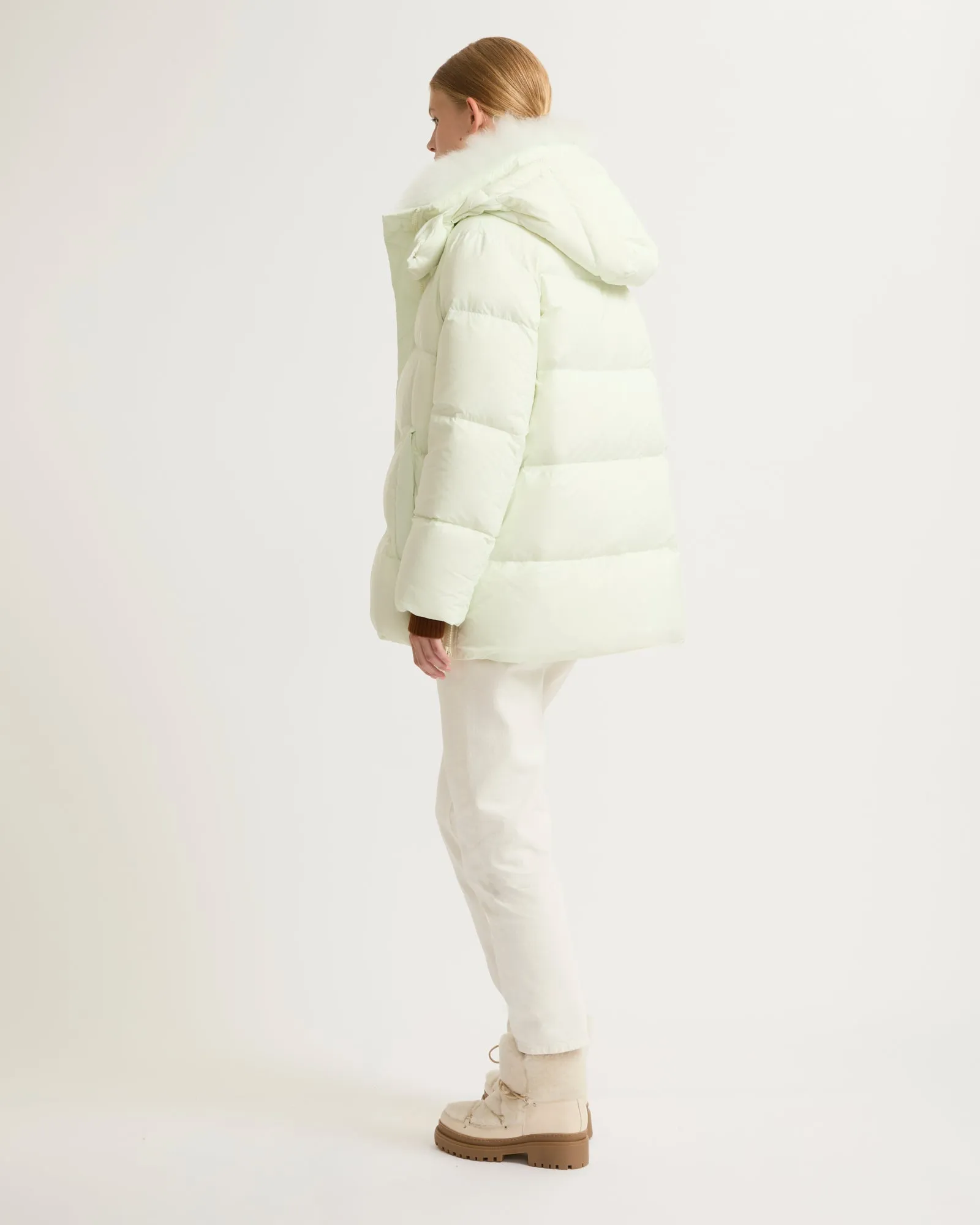 Iconic "A" line down jacket with lambswool collar