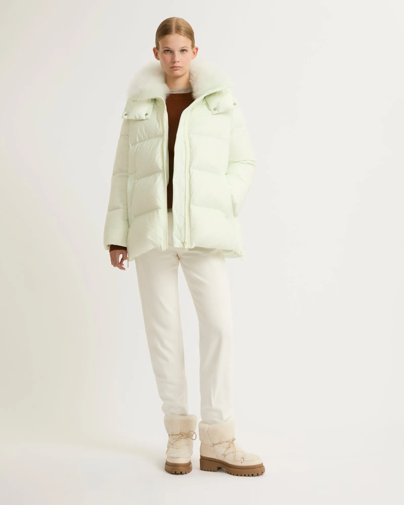 Iconic "A" line down jacket with lambswool collar