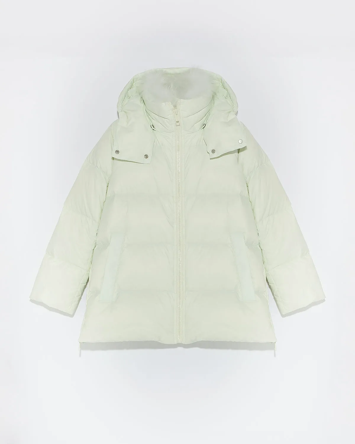 Iconic "A" line down jacket with lambswool collar