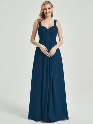 Ink Blue Sweetheart Straps A-Line Maxi Chiffon Bridesmaid Dress